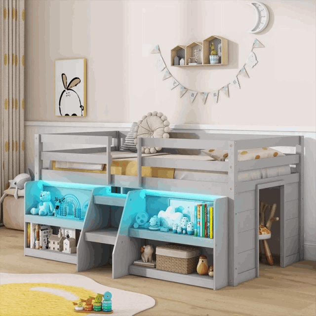 Twin Low Loft Bed for Kids, Wooden Loft Bed with Adjustable LED Lights, Stairs, Safety Guardrail, Storage Bookcase & Under Bed Play Area