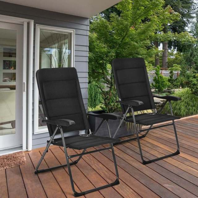 Set of 2 Folding Patio Chairs with 7-Position Adjustable Backrest, Padded Outdoor Reclining Chairs for Backyard Garden Deck, 300 lbs Capacity