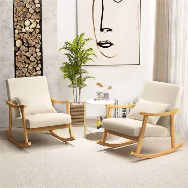 Upholstered Rocking Chair with Rubber Wood Frame, Lumbar Pillow, Padded Seat & Backrest, Modern Rocker for Living Room, Bedroom, Nursery, Office