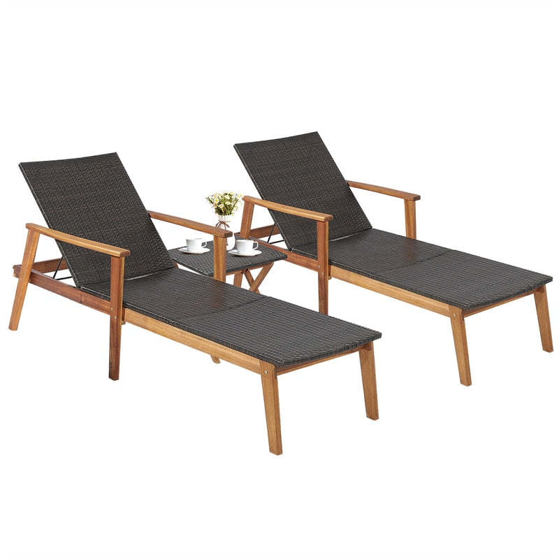 3 Piece Patio Rattan Chaise Lounge Chair & Folding Side Table Set, Acacia Wood Outdoor Recliner w/4-Position Adjustable Backrest for Poolside Backyard
