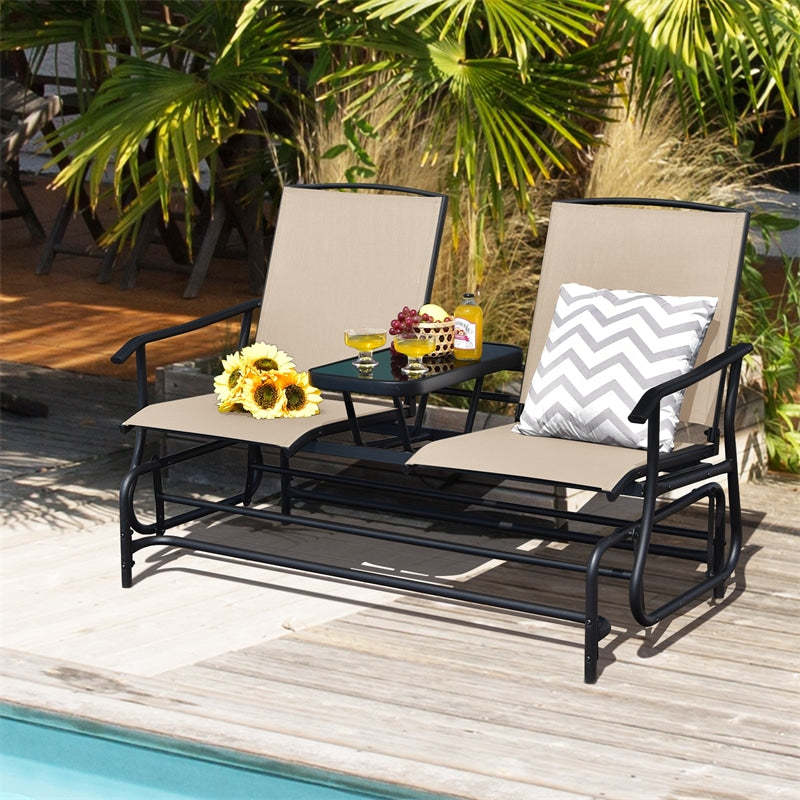 2-Person Outdoor Glider Chair with Center Tempered Glass Table, Steel Frame & Breathable Mesh, Patio Rocking Bench for Porch Garden Poolside