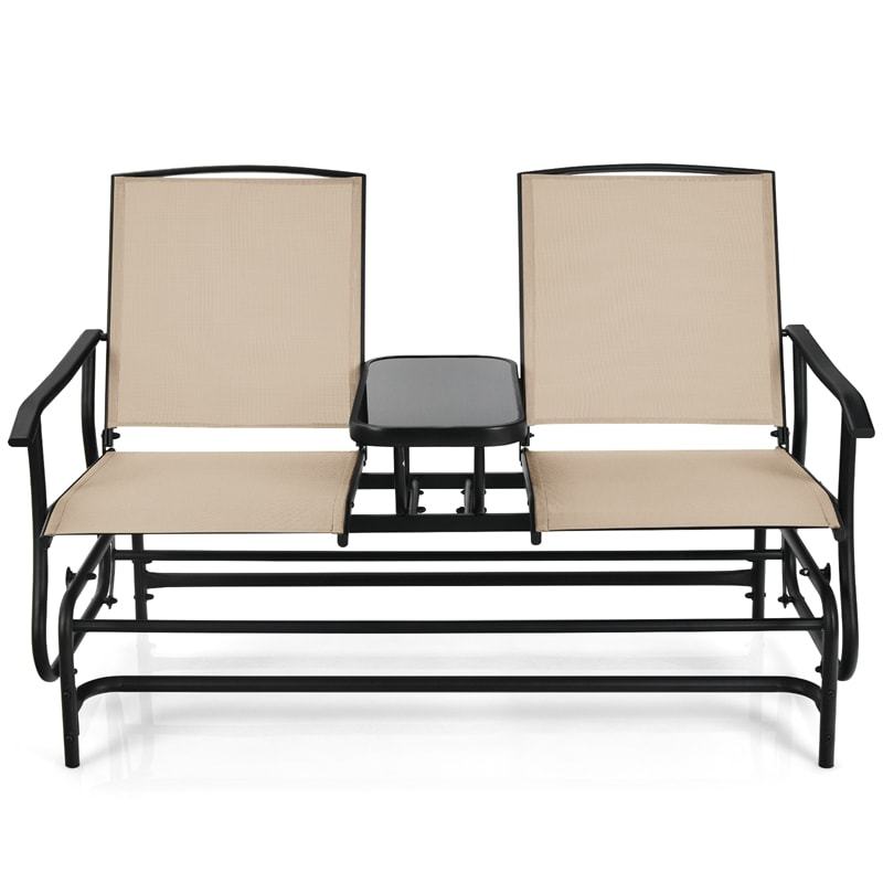 2-Person Outdoor Glider Chair with Center Tempered Glass Table, Steel Frame & Breathable Mesh, Patio Rocking Bench for Porch Garden Poolside
