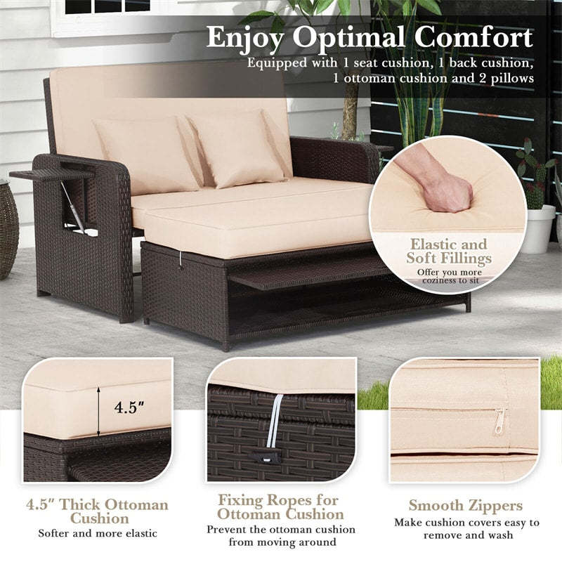 Patio Rattan Daybed Set, Outdoor Wicker Loveseat Sofa w/Multipurpose Ottoman, Retractable Side Tray, 4-Level Adjustable Backrest & Cushions