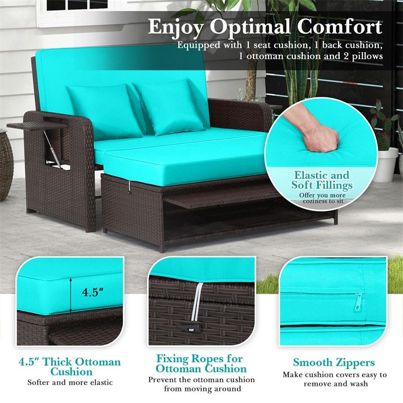 Patio Rattan Daybed Set, Outdoor Wicker Loveseat Sofa w/Multipurpose Ottoman, Retractable Side Tray, 4-Level Adjustable Backrest & Cushions