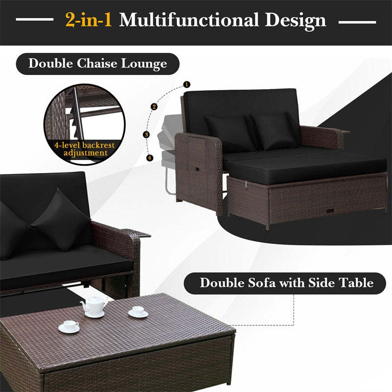 Patio Rattan Daybed Set, Outdoor Wicker Loveseat Sofa w/Multipurpose Ottoman, Retractable Side Tray, 4-Level Adjustable Backrest & Cushions