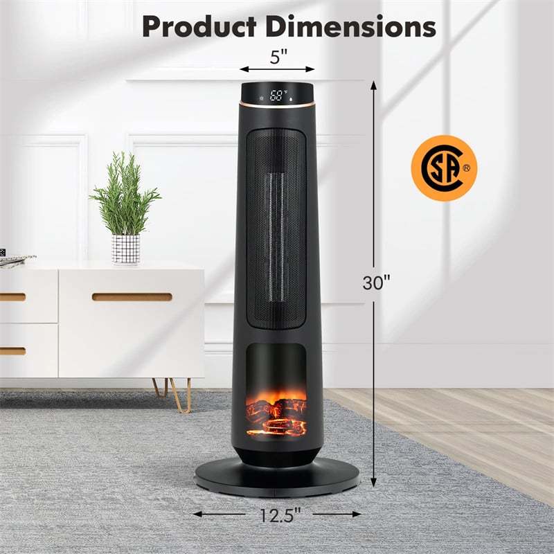 1500W Electric Space Heater, 30" PTC Ceramic Tower Heater with 3D Flame, Remote Control  & 80° Oscillating for Large Rooms, Living Room, Bedroom