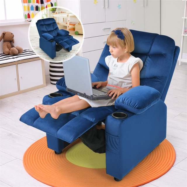 Kids Recliner Chair, Adjustable Velvet Recliner with Footrest, 2 Cup Holders & Side Pockets, Ergonomic Toddler Recliner Sofa for Boys Girls Room