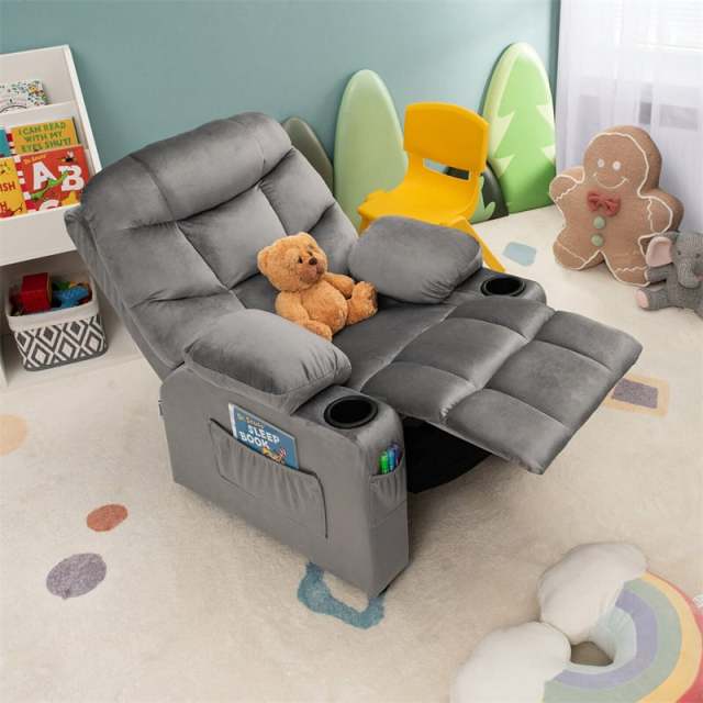 Kids Recliner Chair, Adjustable Velvet Recliner with Footrest, 2 Cup Holders & Side Pockets, Ergonomic Toddler Recliner Sofa for Boys Girls Room