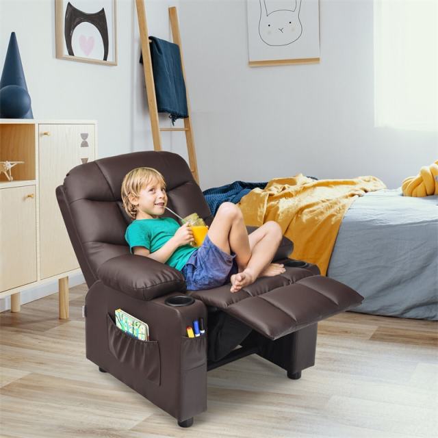Kids Recliner Chair, Adjustable Velvet Recliner with Footrest, 2 Cup Holders & Side Pockets, Ergonomic Toddler Recliner Sofa for Boys Girls Room