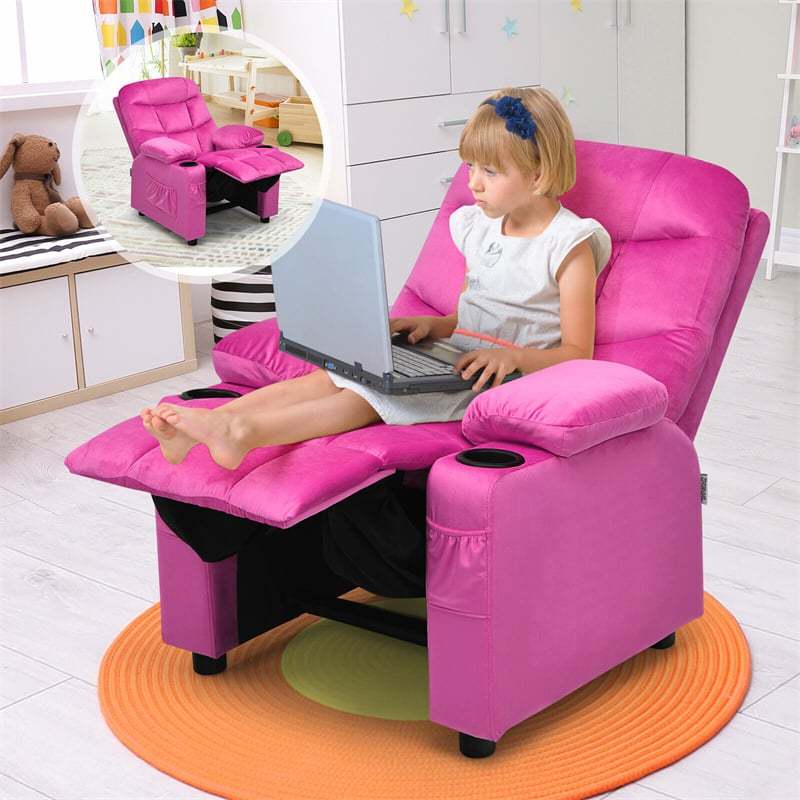 Kids Recliner Chair, Adjustable Velvet Recliner with Footrest, 2 Cup Holders & Side Pockets, Ergonomic Toddler Recliner Sofa for Boys Girls Room