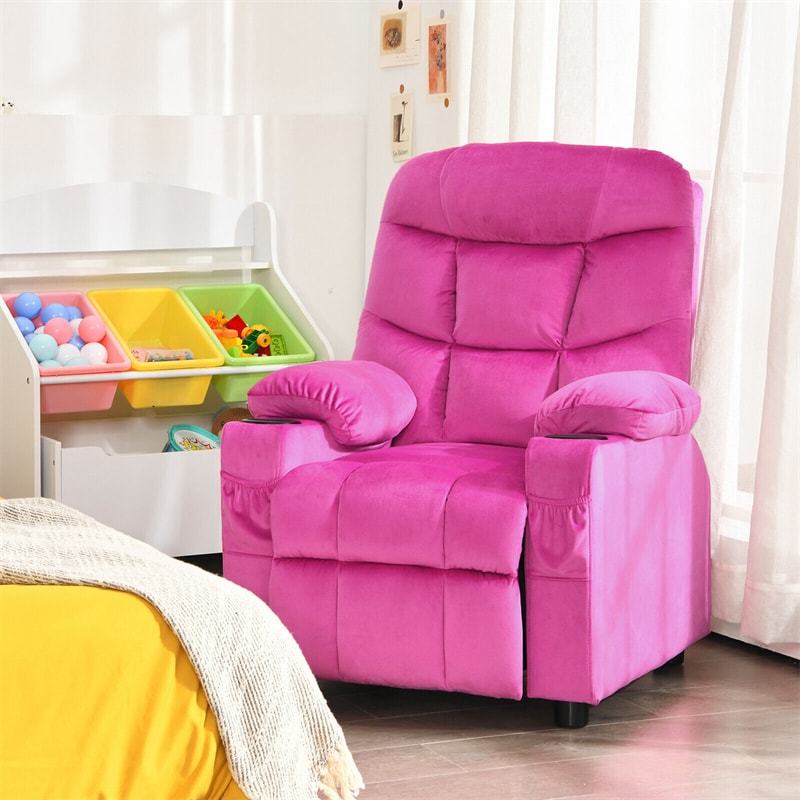 Kids Recliner Chair, Adjustable Velvet Recliner with Footrest, 2 Cup Holders & Side Pockets, Ergonomic Toddler Recliner Sofa for Boys Girls Room