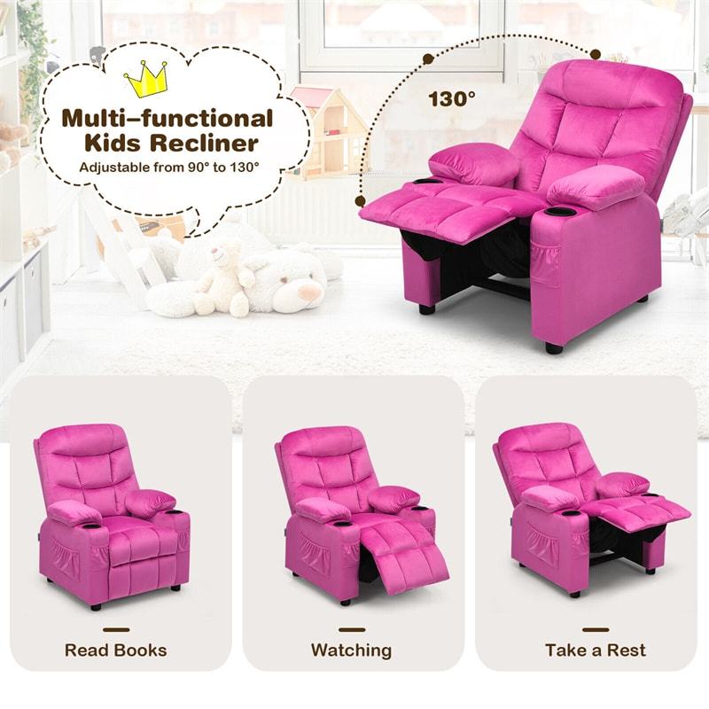 Kids Recliner Chair, Adjustable Velvet Recliner with Footrest, 2 Cup Holders & Side Pockets, Ergonomic Toddler Recliner Sofa for Boys Girls Room