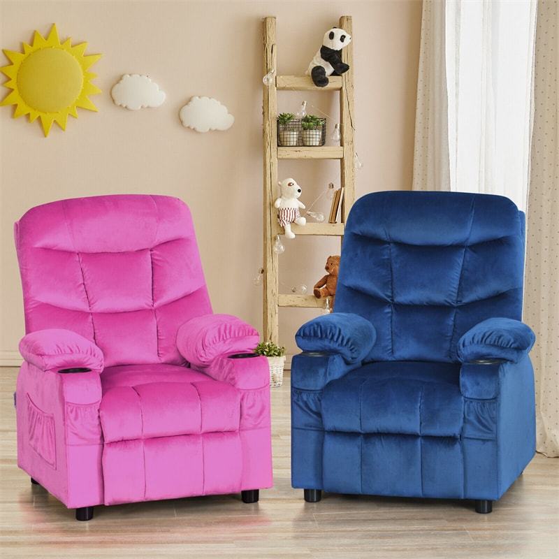 Kids Recliner Chair, Adjustable Velvet Recliner with Footrest, 2 Cup Holders & Side Pockets, Ergonomic Toddler Recliner Sofa for Boys Girls Room