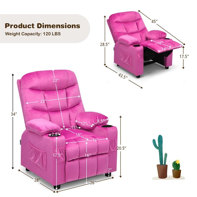Kids Recliner Chair, Adjustable Velvet Recliner with Footrest, 2 Cup Holders & Side Pockets, Ergonomic Toddler Recliner Sofa for Boys Girls Room