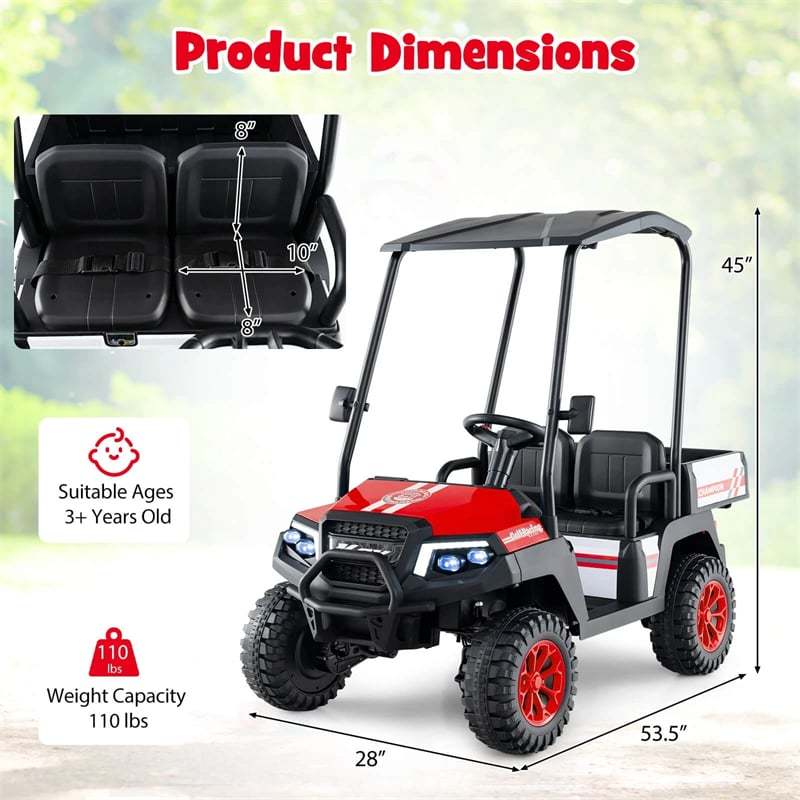 24V Kids Golf Cart, 4WD 2-Seater Electric Ride-On Car with Sun Shade, Storage Trunk, Remote Control & LED Lights for Boys & Girls Ages 3+