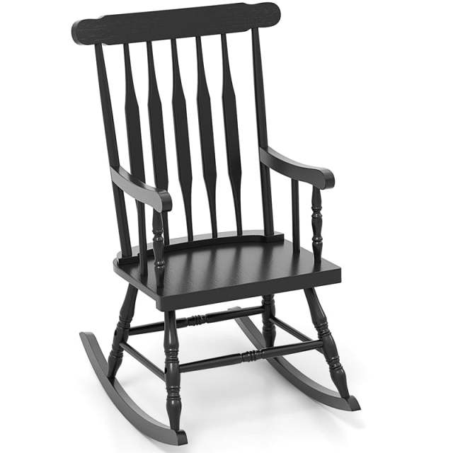 Solid Rubber Wood Patio Rocking Chair, Outdoor Porch Rocker with Slat Back & Glossy Finish for Garden, Backyard, Indoor Use