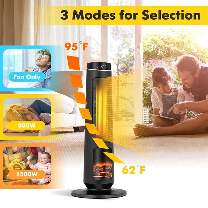 1500W Electric Space Heater, 30" PTC Ceramic Tower Heater with 3D Flame, Remote Control  & 80° Oscillating for Large Rooms, Living Room, Bedroom