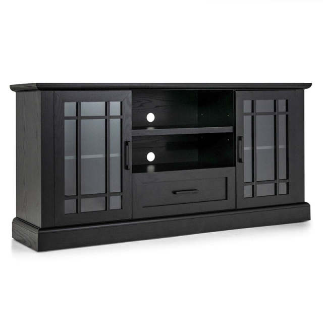 Farmhouse TV Stand for TVs up to 70", Entertainment Center Tall Media Console with 2 Glass Doors, Cubbies & Drawer, Living Room Storage Cabinet