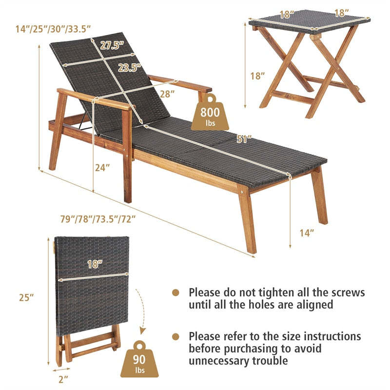3 Piece Patio Rattan Chaise Lounge Chair & Folding Side Table Set, Acacia Wood Outdoor Recliner w/4-Position Adjustable Backrest for Poolside Backyard