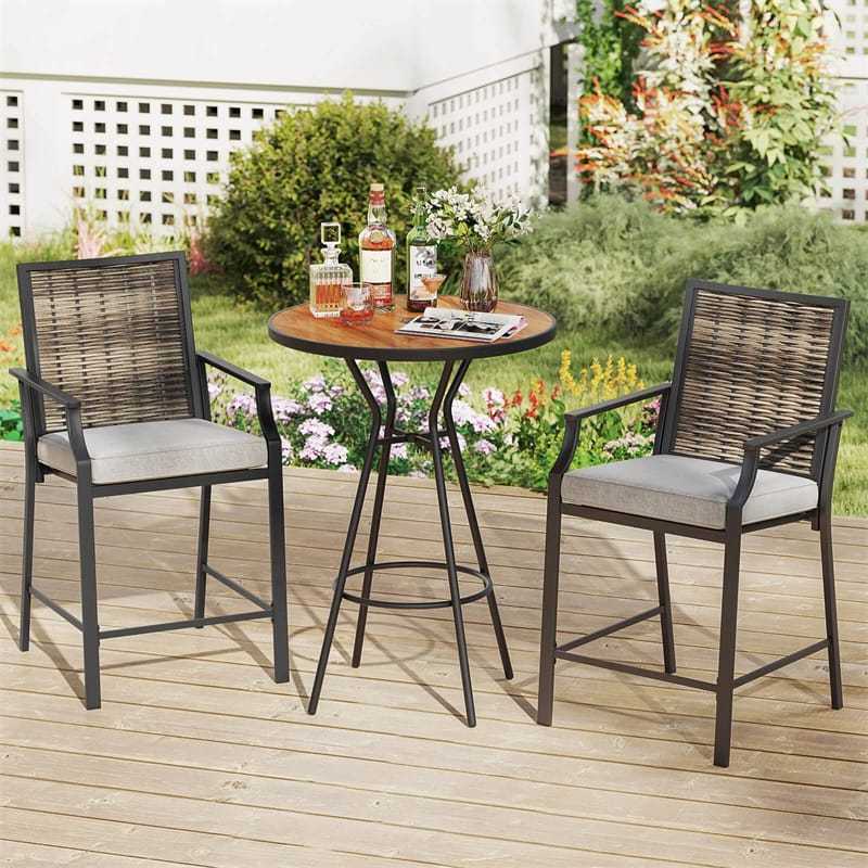Outdoor Metal Bar Stools Set of 2 with Rattan Back, Fabric Seat & Cushions, 330 LBS Capacity Counter Height Patio Chairs for Backyard, Poolside