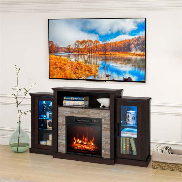 59" Fireplace TV Stand for TVs up to 65", Entertainment Center with LED Lights, 18" Electric Fireplace, Remote & APP Control, Glass Shelves