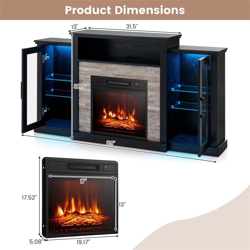 59" Fireplace TV Stand for TVs up to 65", Entertainment Center with LED Lights, 18" Electric Fireplace, Remote & APP Control, Glass Shelves