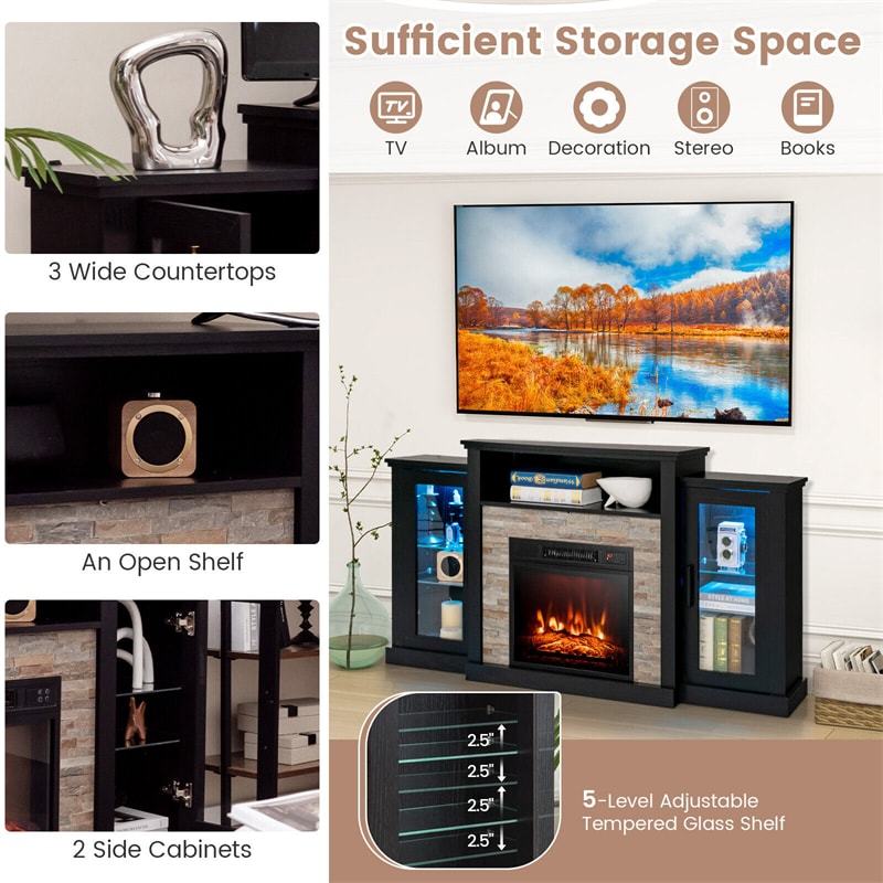 59" Fireplace TV Stand for TVs up to 65", Entertainment Center with LED Lights, 18" Electric Fireplace, Remote & APP Control, Glass Shelves