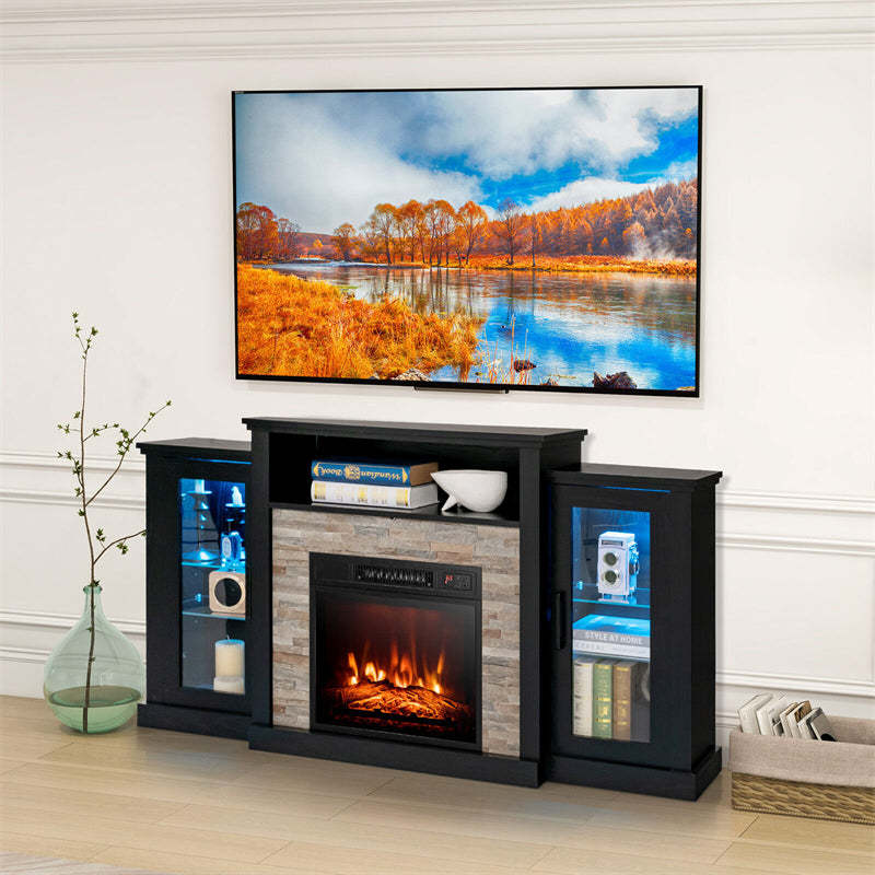 59" Fireplace TV Stand for TVs up to 65", Entertainment Center with LED Lights, 18" Electric Fireplace, Remote & APP Control, Glass Shelves