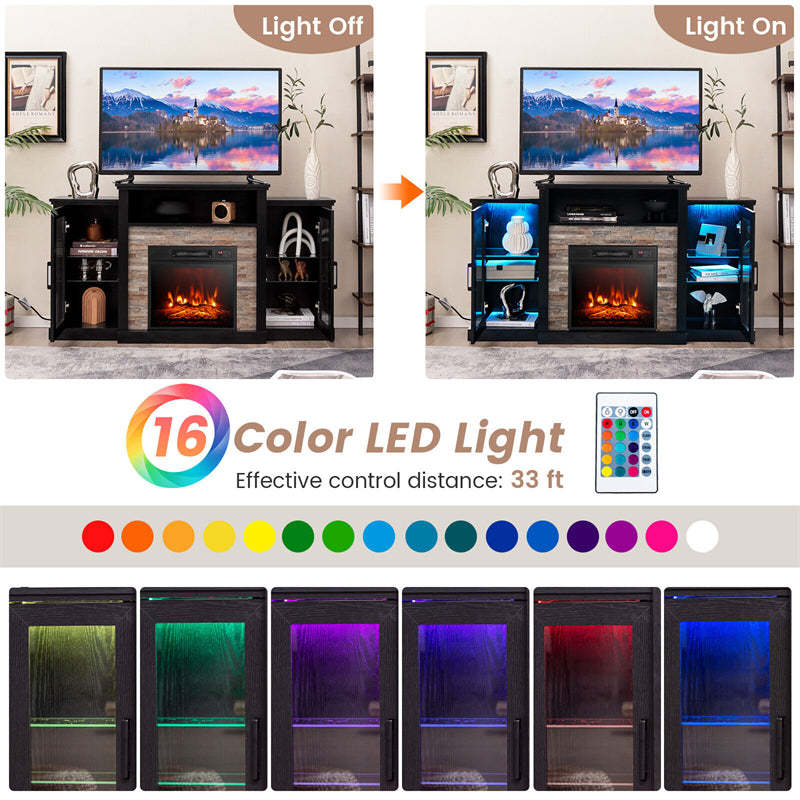 59" Fireplace TV Stand for TVs up to 65", Entertainment Center with LED Lights, 18" Electric Fireplace, Remote & APP Control, Glass Shelves