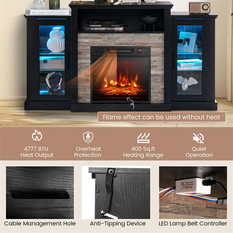 59" Fireplace TV Stand for TVs up to 65", Entertainment Center with LED Lights, 18" Electric Fireplace, Remote & APP Control, Glass Shelves