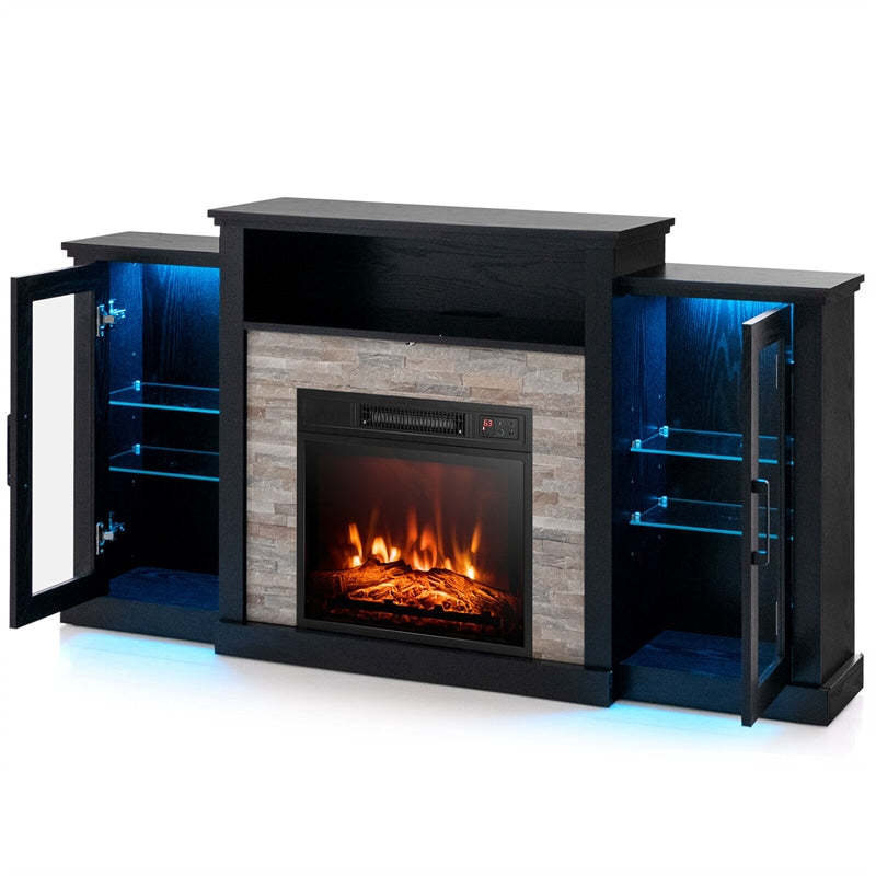 59" Fireplace TV Stand for TVs up to 65", Entertainment Center with LED Lights, 18" Electric Fireplace, Remote & APP Control, Glass Shelves