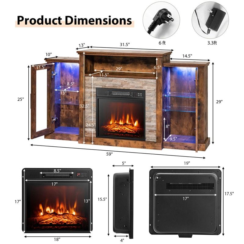 59" Fireplace TV Stand for TVs up to 65", Entertainment Center with LED Lights, 18" Electric Fireplace, Remote & APP Control, Glass Shelves