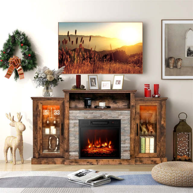 59" Fireplace TV Stand for TVs up to 65", Entertainment Center with LED Lights, 18" Electric Fireplace, Remote & APP Control, Glass Shelves