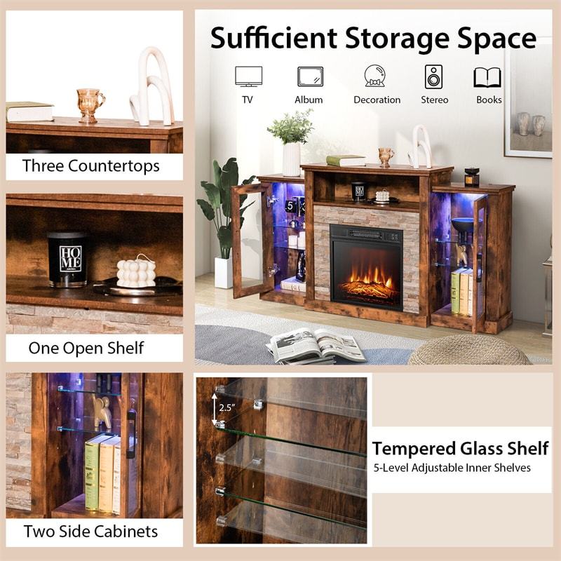 59" Fireplace TV Stand for TVs up to 65", Entertainment Center with LED Lights, 18" Electric Fireplace, Remote & APP Control, Glass Shelves