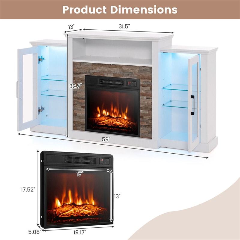 59" Fireplace TV Stand for TVs up to 65", Entertainment Center with LED Lights, 18" Electric Fireplace, Remote & APP Control, Glass Shelves