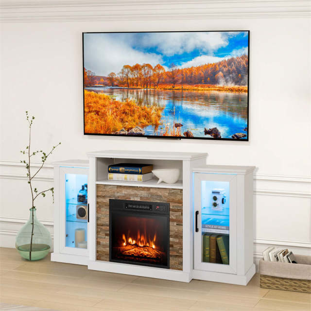 59" Fireplace TV Stand for TVs up to 65", Entertainment Center with LED Lights, 18" Electric Fireplace, Remote & APP Control, Glass Shelves