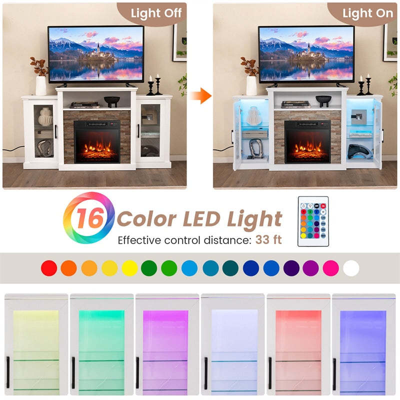 59" Fireplace TV Stand for TVs up to 65", Entertainment Center with LED Lights, 18" Electric Fireplace, Remote & APP Control, Glass Shelves