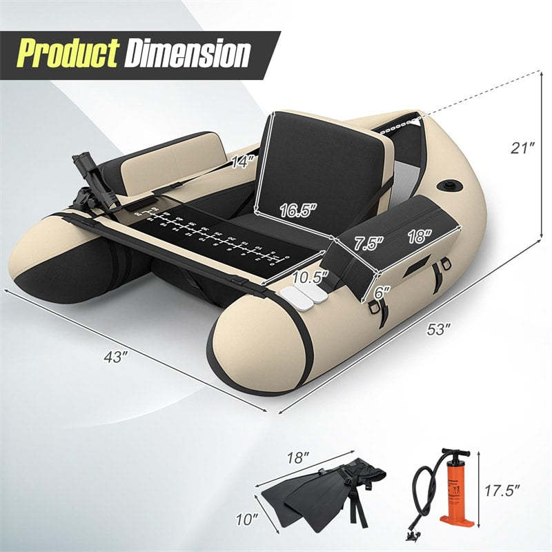 Fishing Float Tube, Inflatable Fishing Boat with Pump, Paddle, Fish Ruler, Flippers, Storage Pockets, Portable Backpack Belly Boat, Holds 350LBS