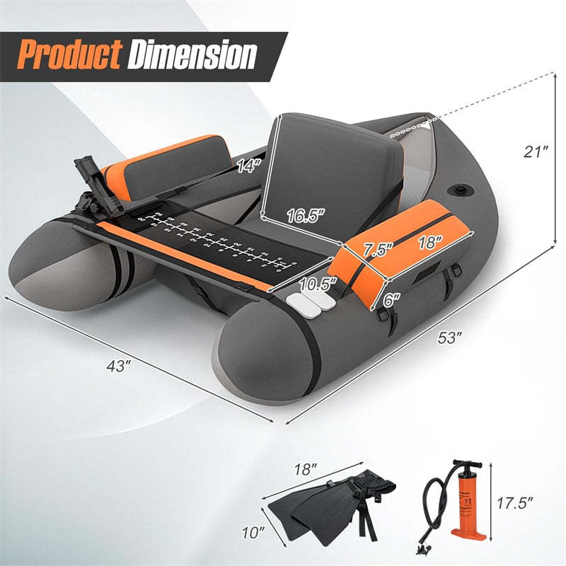 Fishing Float Tube, Inflatable Fishing Boat with Pump, Paddle, Fish Ruler, Flippers, Storage Pockets, Portable Backpack Belly Boat, Holds 350LBS