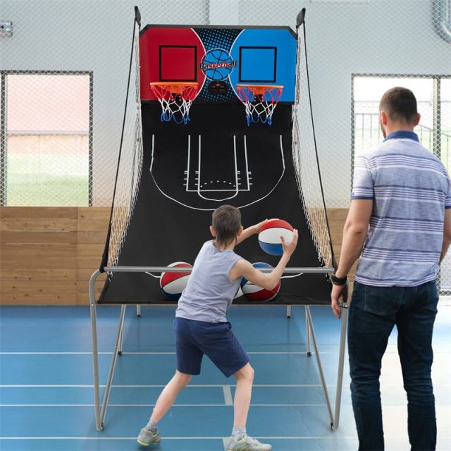 Folding Basketball Arcade Game, Dual Shot Basketball Hoop with 8 Game Modes, 4 Balls, LCD Scoreboard, Air Pump, Indoor Game for Kids & Adults