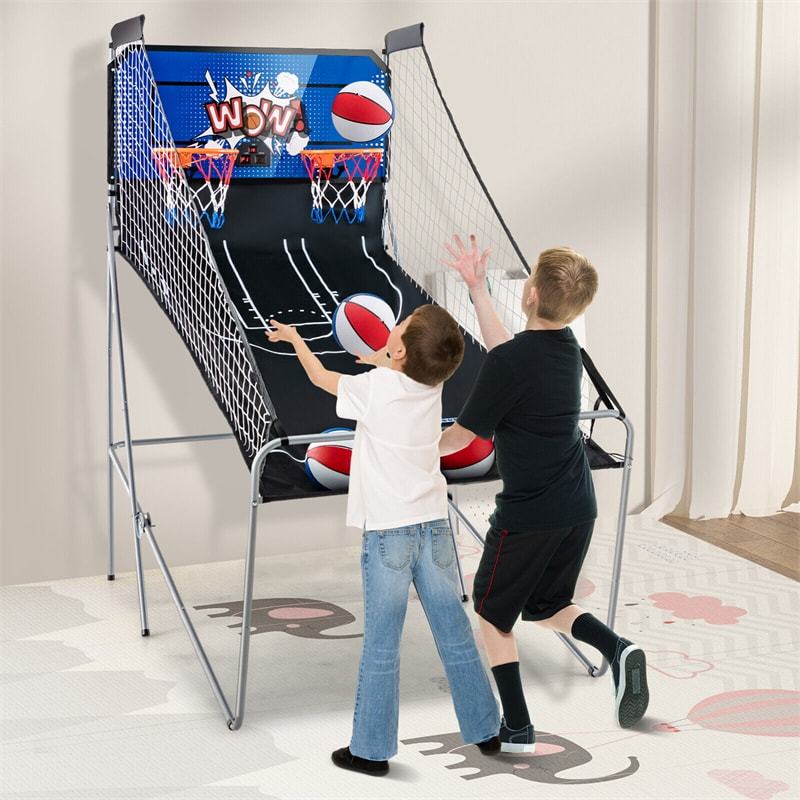 Folding Basketball Arcade Game, Dual Shot Basketball Hoop with 8 Game Modes, 4 Balls, LCD Scoreboard, Air Pump, Indoor Game for Kids & Adults