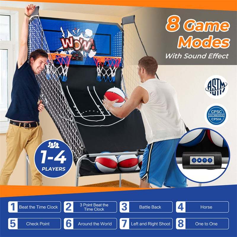 Folding Basketball Arcade Game, Dual Shot Basketball Hoop with 8 Game Modes, 4 Balls, LCD Scoreboard, Air Pump, Indoor Game for Kids & Adults