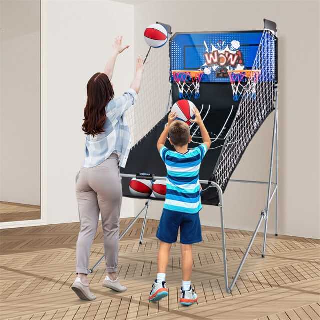 Folding Basketball Arcade Game, Dual Shot Basketball Hoop with 8 Game Modes, 4 Balls, LCD Scoreboard, Air Pump, Indoor Game for Kids & Adults