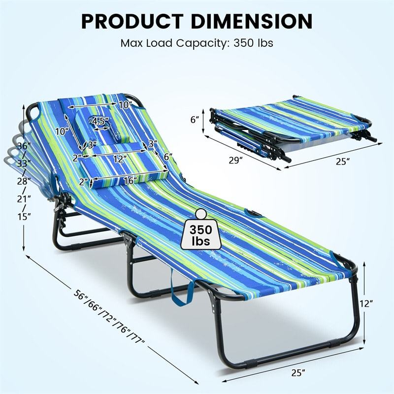Folding Beach Chaise Lounge Chair, 5-Position Adjustable Sunbathing Recliner with Face Hole, Removable Pillows, Carry Strap, 350LB Support