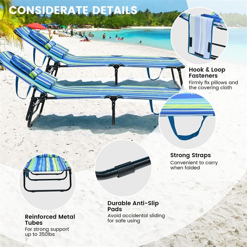 Folding Beach Chaise Lounge Chair, 5-Position Adjustable Sunbathing Recliner with Face Hole, Removable Pillows, Carry Strap, 350LB Support