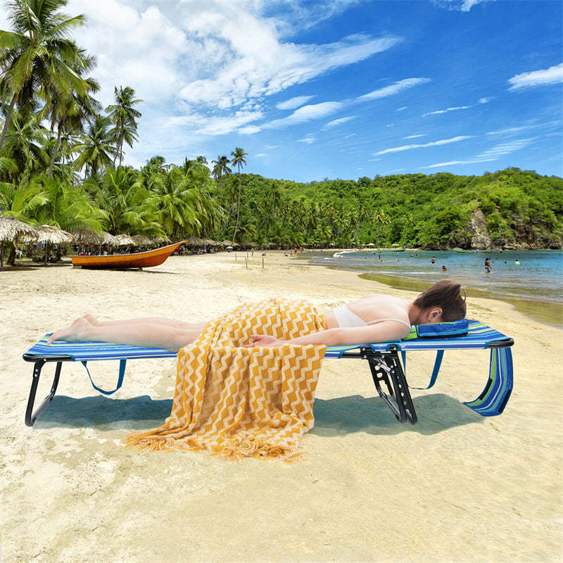 Folding Beach Chaise Lounge Chair, 5-Position Adjustable Sunbathing Recliner with Face Hole, Removable Pillows, Carry Strap, 350LB Support