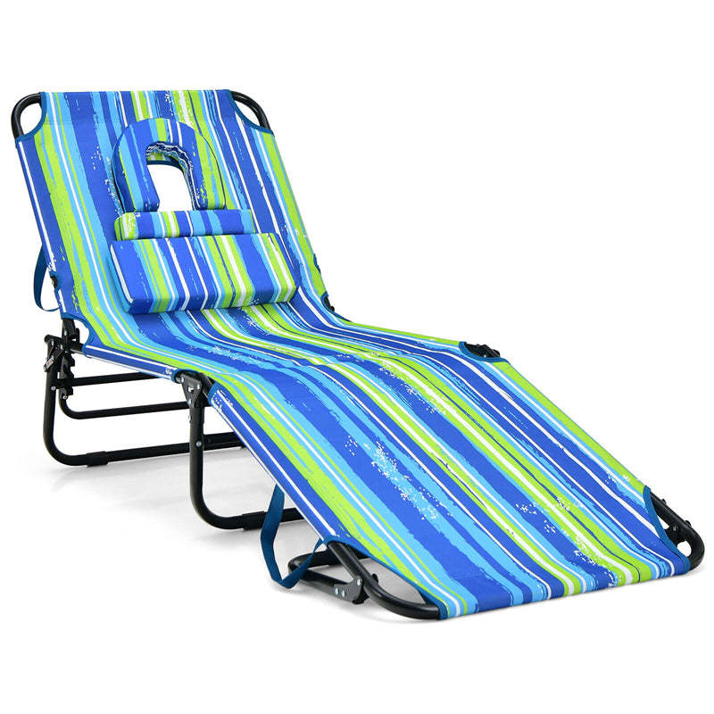 Folding Beach Chaise Lounge Chair, 5-Position Adjustable Sunbathing Recliner with Face Hole, Removable Pillows, Carry Strap, 350LB Support