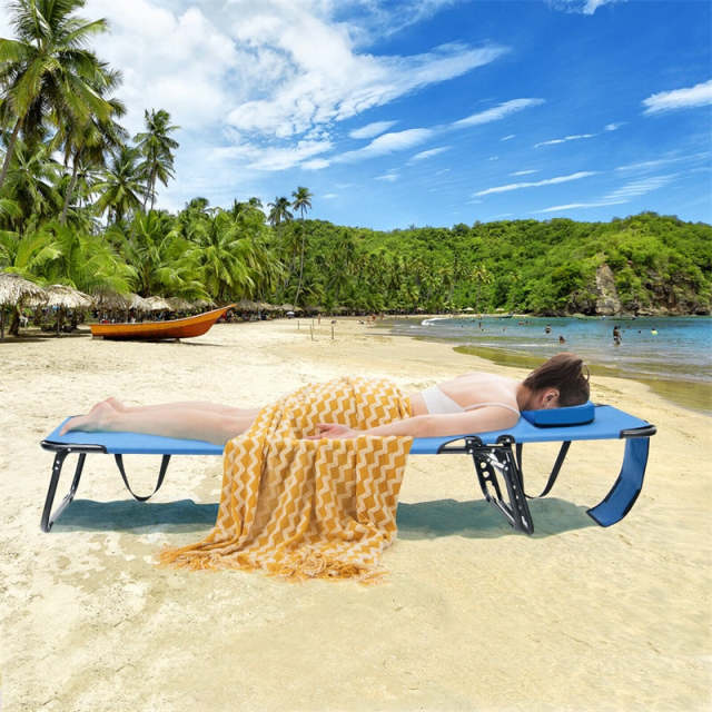 Folding Beach Chaise Lounge Chair, 5-Position Adjustable Sunbathing Recliner with Face Hole, Removable Pillows, Carry Strap, 350LB Support