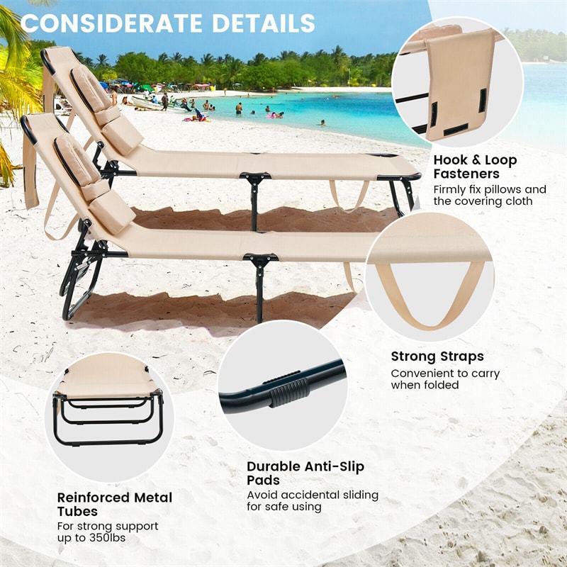 Folding Beach Chaise Lounge Chair, 5-Position Adjustable Sunbathing Recliner with Face Hole, Removable Pillows, Carry Strap, 350LB Support