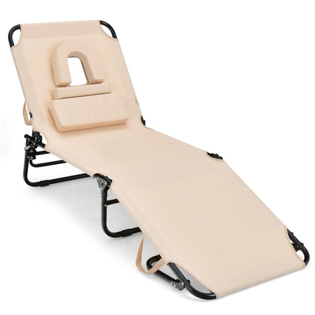 Folding Beach Chaise Lounge Chair, 5-Position Adjustable Sunbathing Recliner with Face Hole, Removable Pillows, Carry Strap, 350LB Support